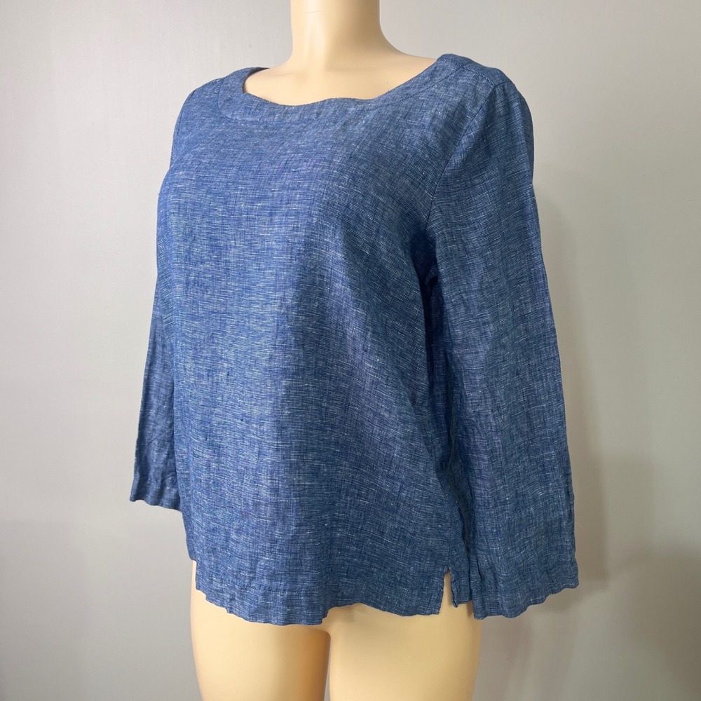 Sigrid Olsen Linen Blouse Top Medium 3/4 Sleeve Boat Neck Blue Coastal Grandma - Picture 2 of 11